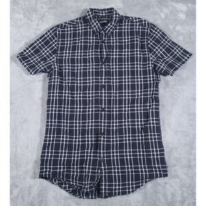 Zanerobe Shirt Mens Medium Black Short Sleeve Plaid Linen Blend Button Down